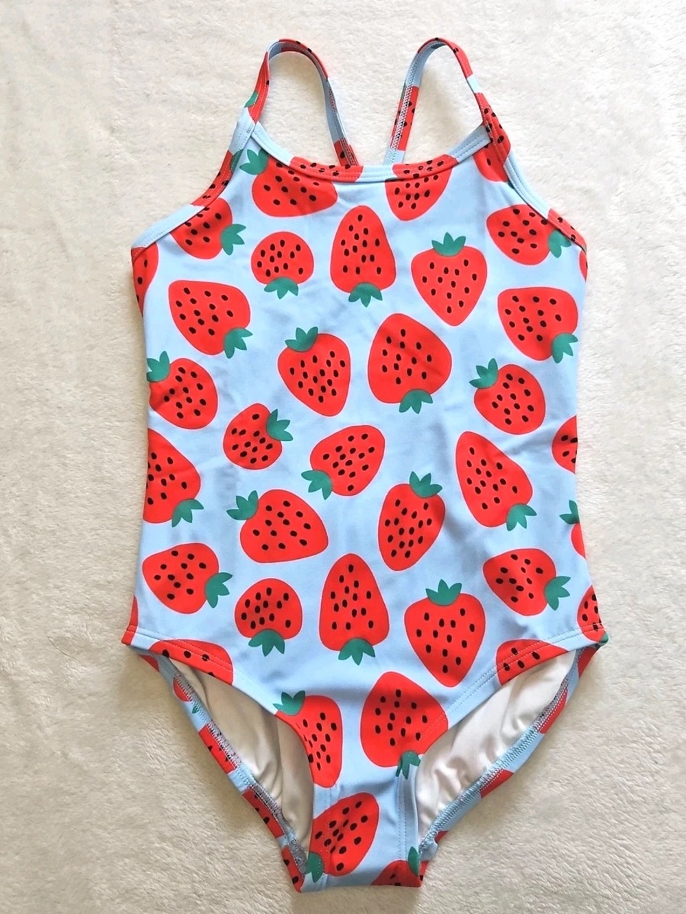 Hanna Andersson Light Blue One-Piece Swimsuit with Red Strawberry Print 6-7